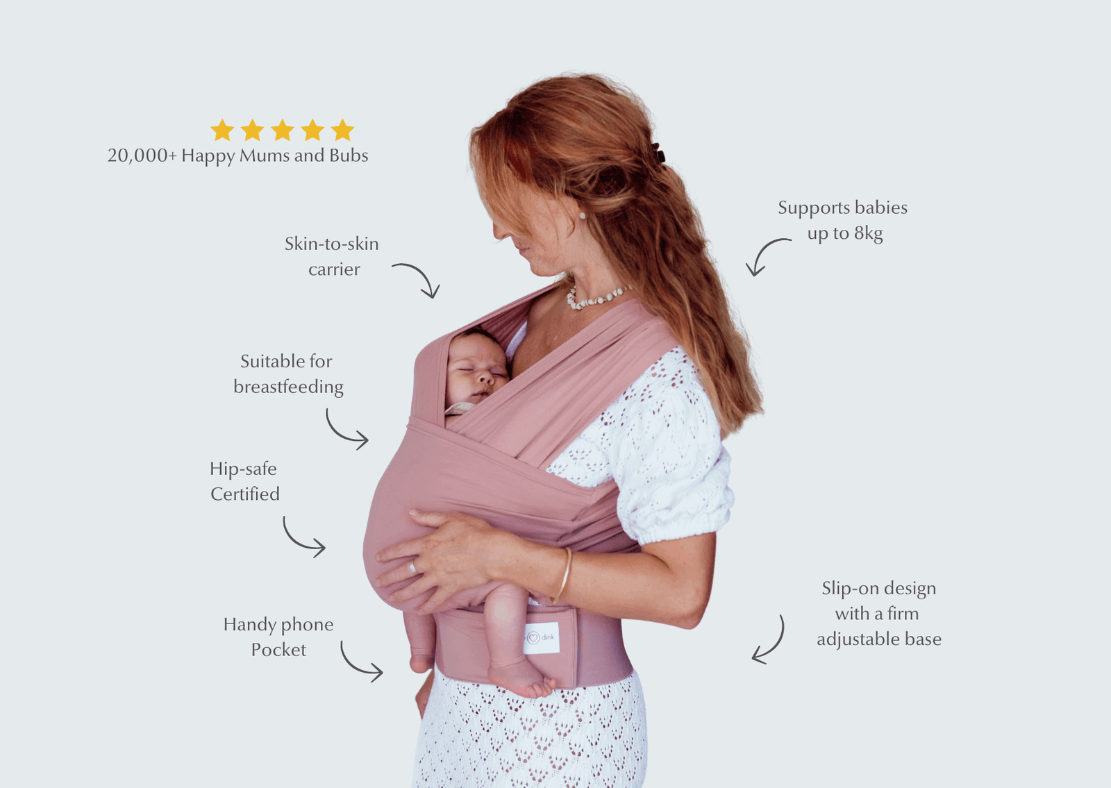 Illustration of benefits and unique features of babydink carrier