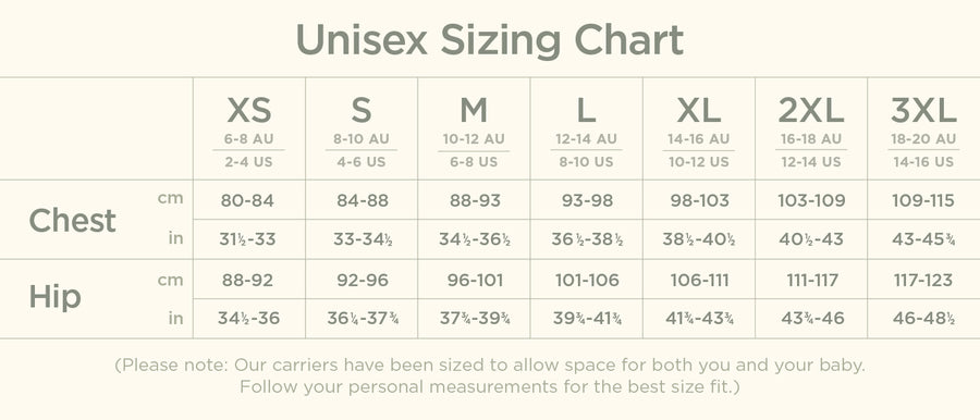 Baby Dink carrier size chart showing chest and hip measurements by size